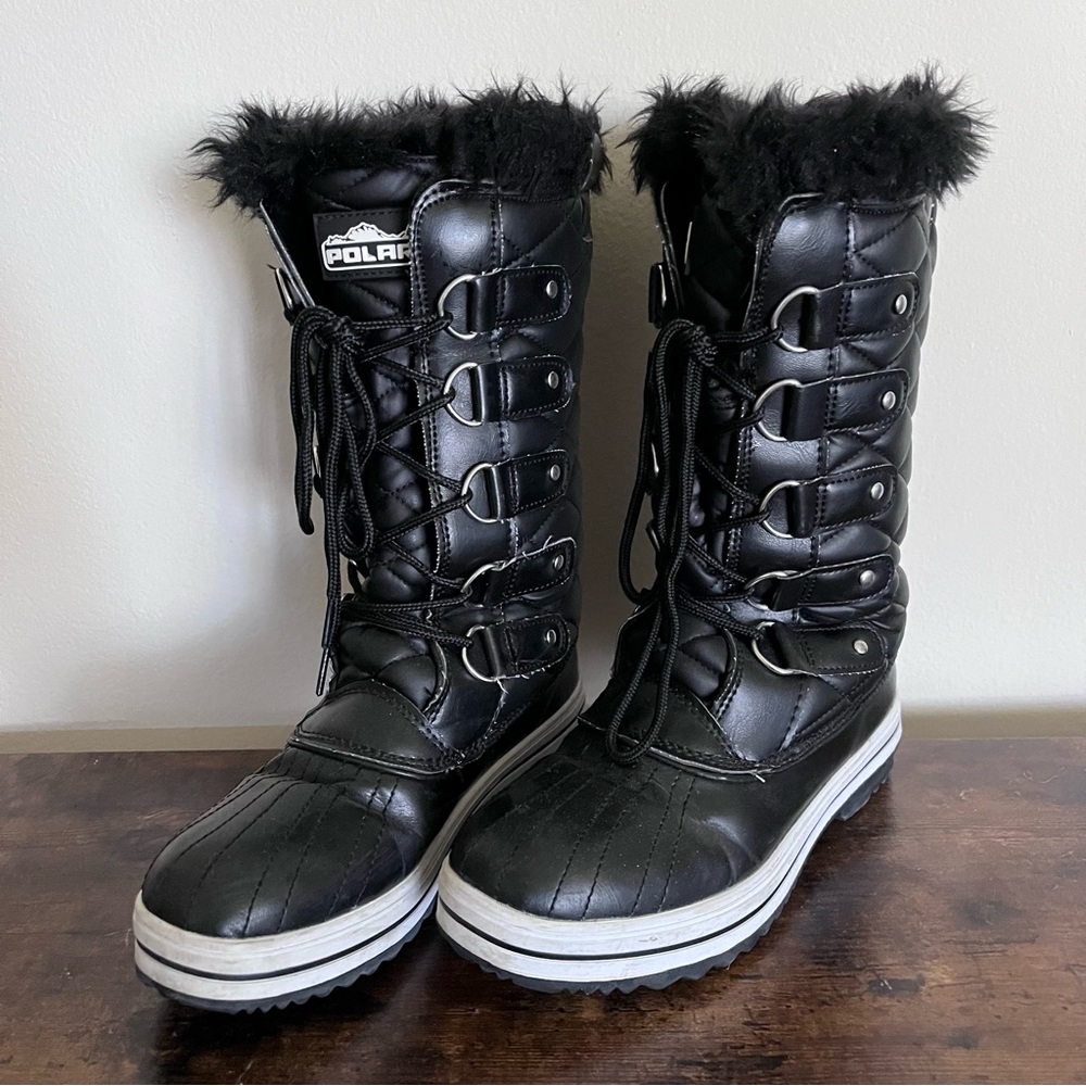 Polar Winter Boots Black Fur Lined Lace Up Size 8